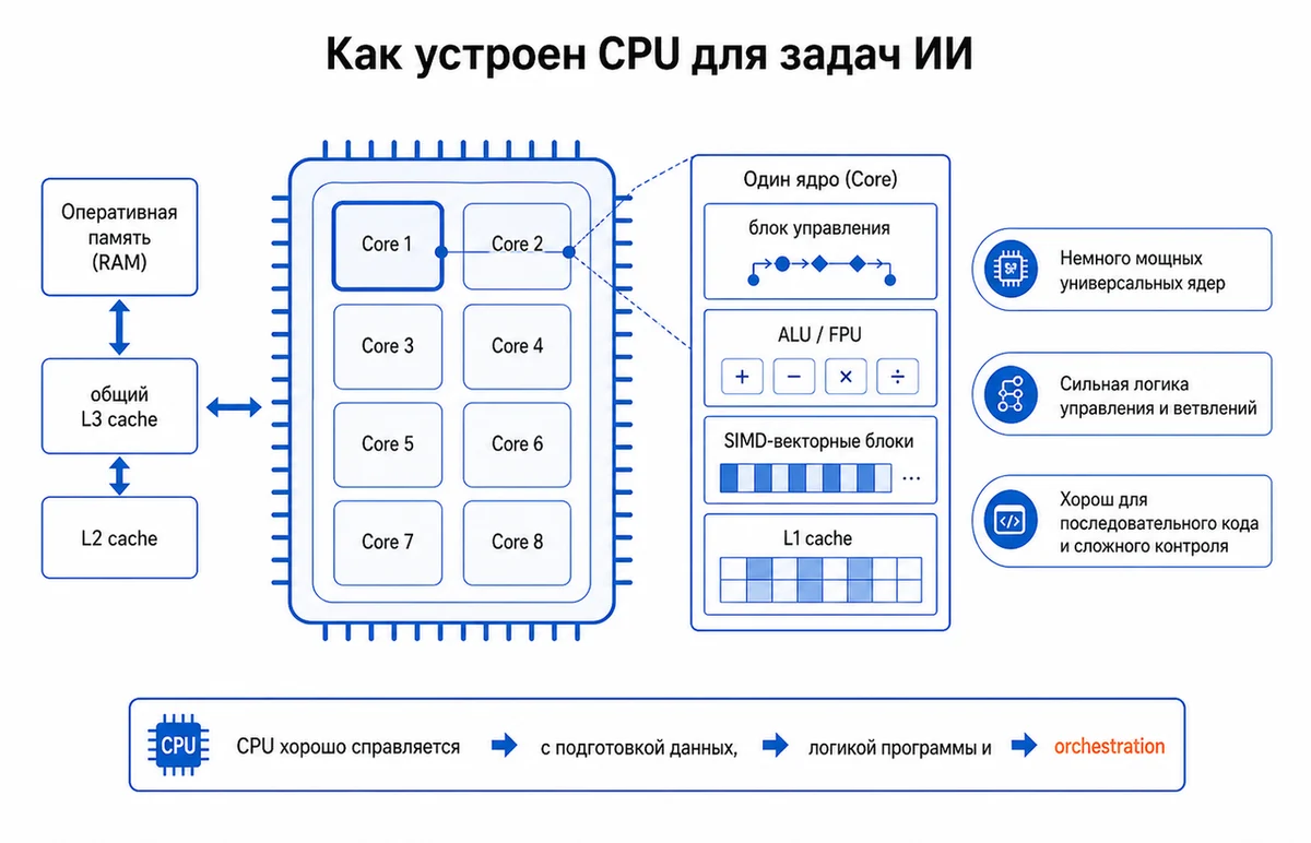 Рисунок 7 - CPU для задач ИИ: немного мощных универсальных ядер, развитые кэши и сложная логика управления.