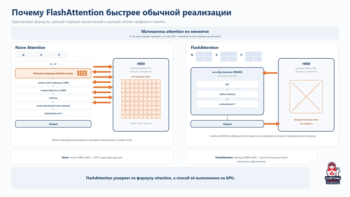 Почему FlashAttention быстрее обычной реализации