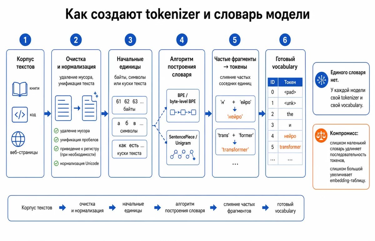 Рисунок 1 - Как обучается tokenizer и как появляется vocabulary модели.