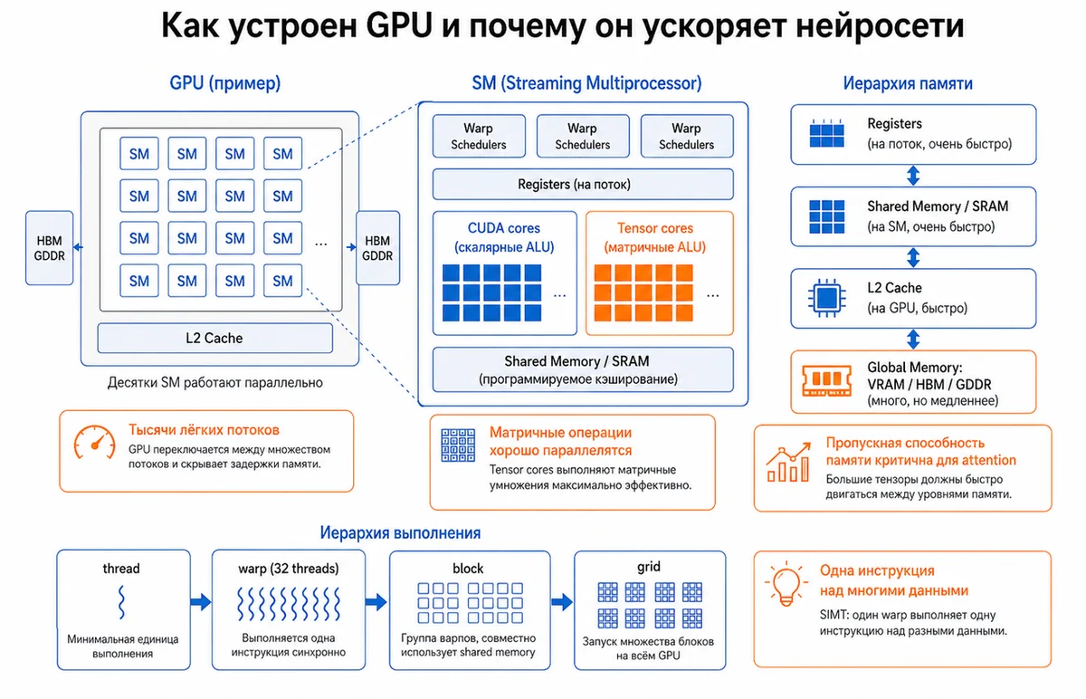 Рисунок 8 - Как устроен GPU: thread, warp, block, grid, SM и иерархия памяти.