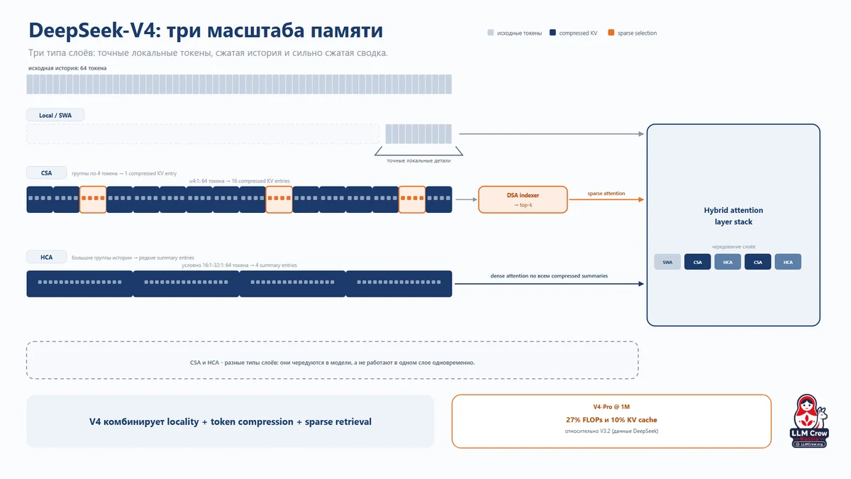 DeepSeek-V4: три масштаба памяти - SWA, CSA и HCA